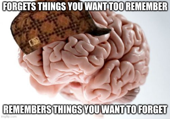 Scumbag Brain Meme | FORGETS THINGS YOU WANT TOO REMEMBER; REMEMBERS THINGS YOU WANT TO FORGET | image tagged in memes,scumbag brain | made w/ Imgflip meme maker