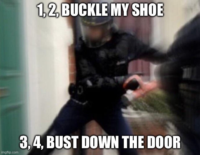 1 | 1, 2, BUCKLE MY SHOE; 3, 4, BUST DOWN THE DOOR | image tagged in fbi door breach | made w/ Imgflip meme maker