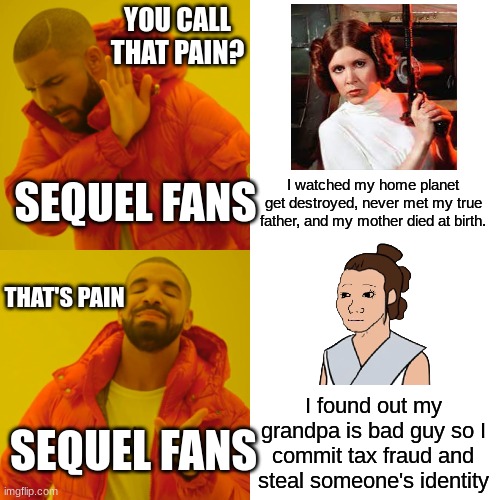 Drake Hotline Bling | YOU CALL THAT PAIN? SEQUEL FANS; I watched my home planet get destroyed, never met my true father, and my mother died at birth. THAT'S PAIN; I found out my grandpa is bad guy so I commit tax fraud and steal someone's identity; SEQUEL FANS | image tagged in memes,drake hotline bling,disney star wars | made w/ Imgflip meme maker
