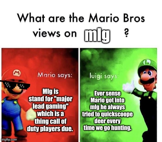 Mario Bros views on mlg. | mlg; Mlg is stand for "major lead gaming" which is a thing call of duty players due. Ever sense Mario got into mlg he always tried to quickscoope deer every time we go hunting. | image tagged in mario bros views | made w/ Imgflip meme maker