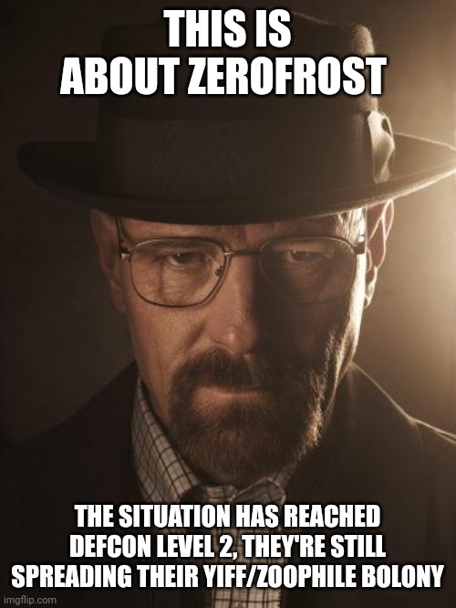 Walter White | THIS IS ABOUT ZEROFROST; THE SITUATION HAS REACHED DEFCON LEVEL 2, THEY'RE STILL SPREADING THEIR YIFF/ZOOPHILE BOLONY | image tagged in walter white | made w/ Imgflip meme maker