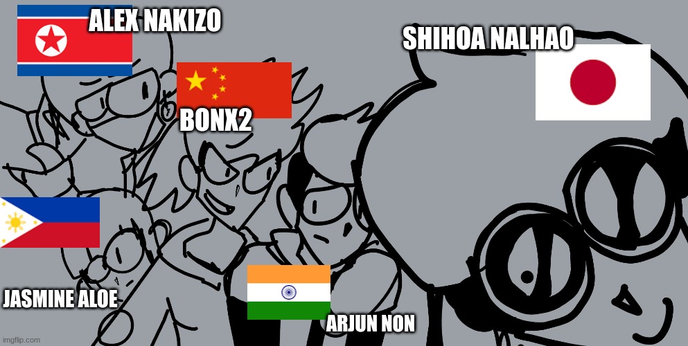 here's the whole cast, Jasmine and Arjun are new ocs I made | ALEX NAKIZO; SHIHOA NALHAO; BONX2; JASMINE ALOE; ARJUN NON | made w/ Imgflip meme maker