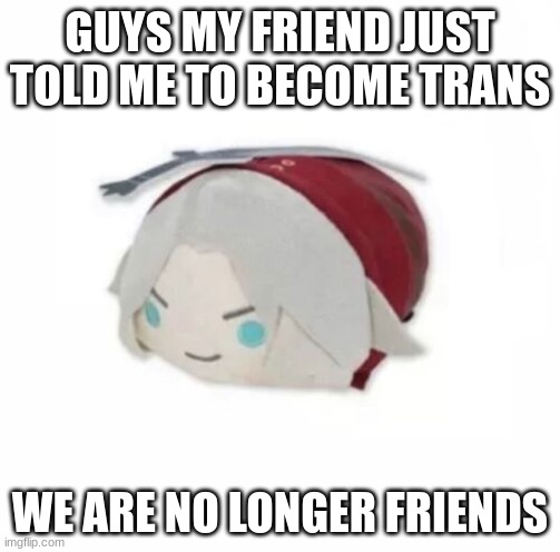 Dante plush | GUYS MY FRIEND JUST TOLD ME TO BECOME TRANS; WE ARE NO LONGER FRIENDS | image tagged in dante plush | made w/ Imgflip meme maker