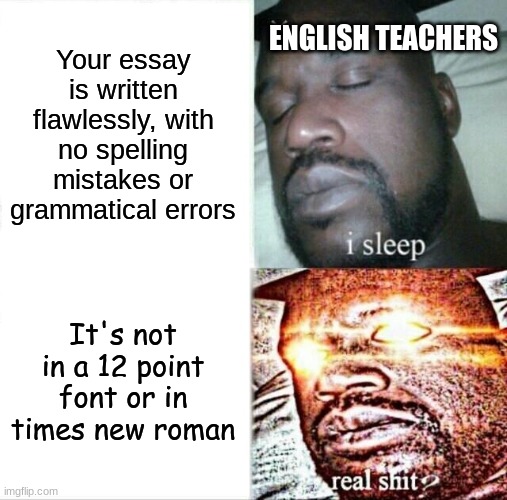 Sleeping Shaq Meme | ENGLISH TEACHERS; Your essay is written flawlessly, with no spelling mistakes or grammatical errors; It's not in a 12 point font or in times new roman | image tagged in memes,sleeping shaq | made w/ Imgflip meme maker