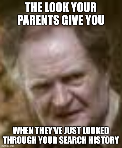Lol | THE LOOK YOUR PARENTS GIVE YOU; WHEN THEY’VE JUST LOOKED THROUGH YOUR SEARCH HISTORY | image tagged in slughorn face | made w/ Imgflip meme maker