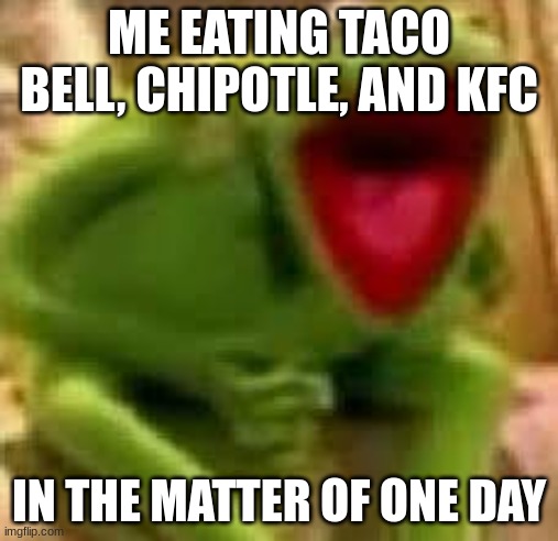 kirmit | ME EATING TACO BELL, CHIPOTLE, AND KFC; IN THE MATTER OF ONE DAY | image tagged in kirmit | made w/ Imgflip meme maker