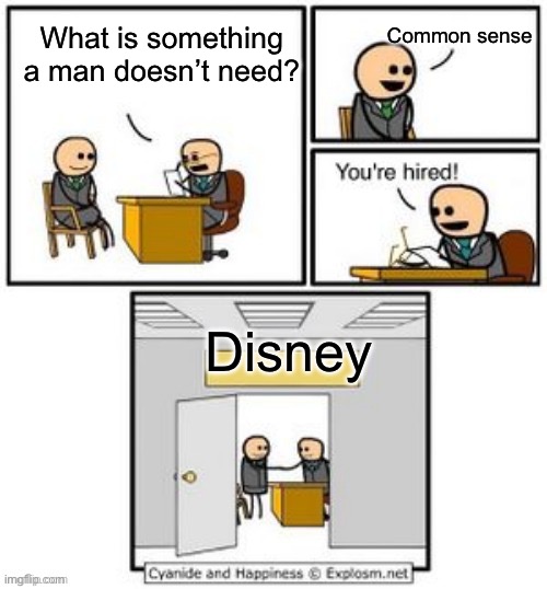 i love Disney but it’s the truth | Common sense; What is something a man doesn’t need? Disney | image tagged in your hired | made w/ Imgflip meme maker