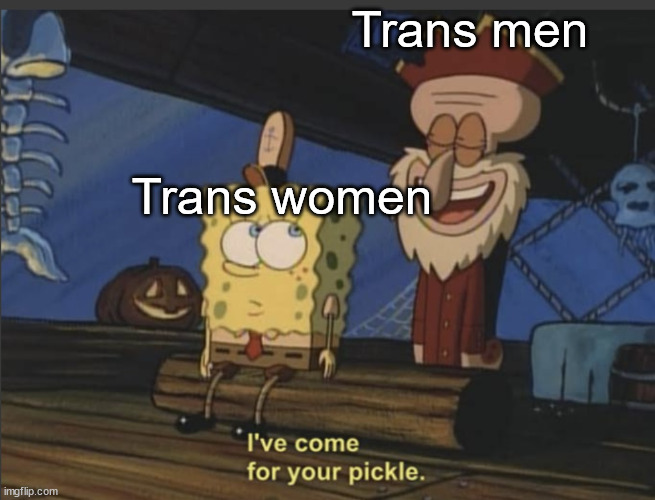 I’ve come for your pickle | Trans men; Trans women | image tagged in i ve come for your pickle,transgender | made w/ Imgflip meme maker