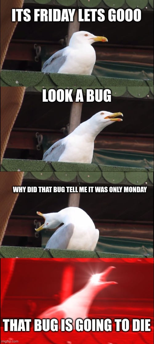 I hate that bug | ITS FRIDAY LETS GOOO; LOOK A BUG; WHY DID THAT BUG TELL ME IT WAS ONLY MONDAY; THAT BUG IS GOING TO DIE | image tagged in memes,inhaling seagull | made w/ Imgflip meme maker