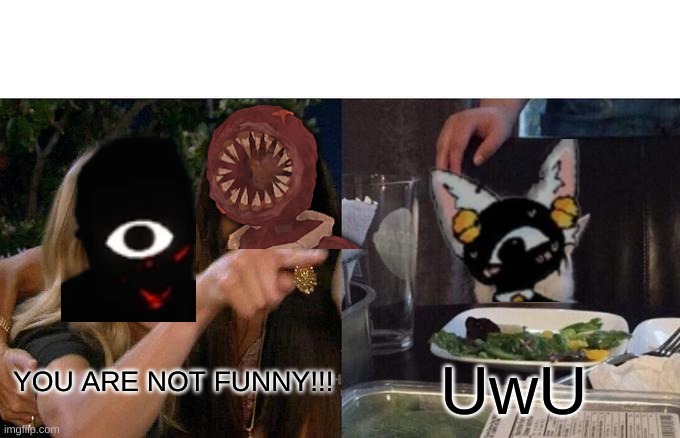 get rid of that thing FIGURE!!! | YOU ARE NOT FUNNY!!! UwU | image tagged in memes,woman yelling at cat | made w/ Imgflip meme maker