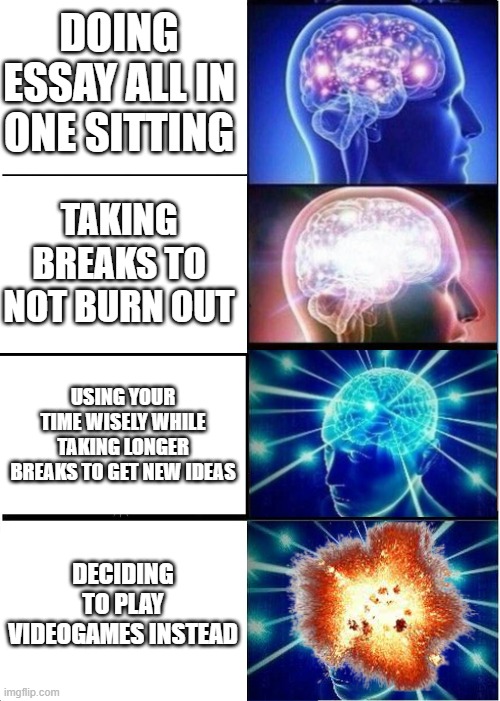 Me when homework: | DOING ESSAY ALL IN ONE SITTING; TAKING BREAKS TO NOT BURN OUT; USING YOUR TIME WISELY WHILE TAKING LONGER BREAKS TO GET NEW IDEAS; DECIDING TO PLAY VIDEOGAMES INSTEAD | image tagged in memes,expanding brain | made w/ Imgflip meme maker