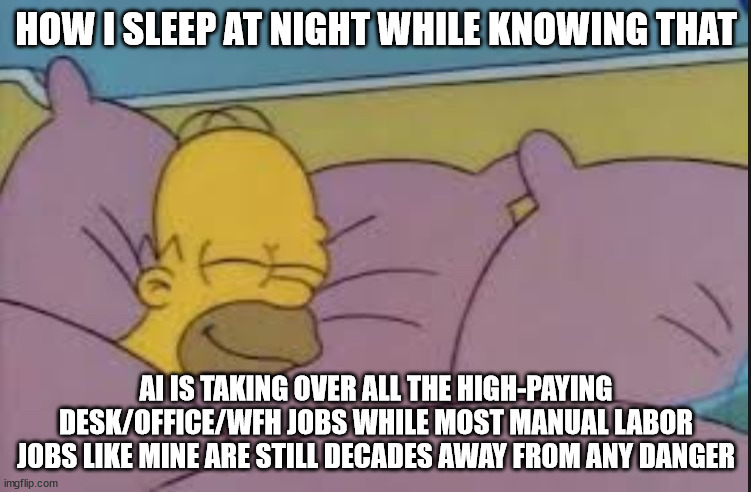 how i sleep homer simpson | HOW I SLEEP AT NIGHT WHILE KNOWING THAT; AI IS TAKING OVER ALL THE HIGH-PAYING DESK/OFFICE/WFH JOBS WHILE MOST MANUAL LABOR JOBS LIKE MINE ARE STILL DECADES AWAY FROM ANY DANGER | image tagged in how i sleep homer simpson | made w/ Imgflip meme maker