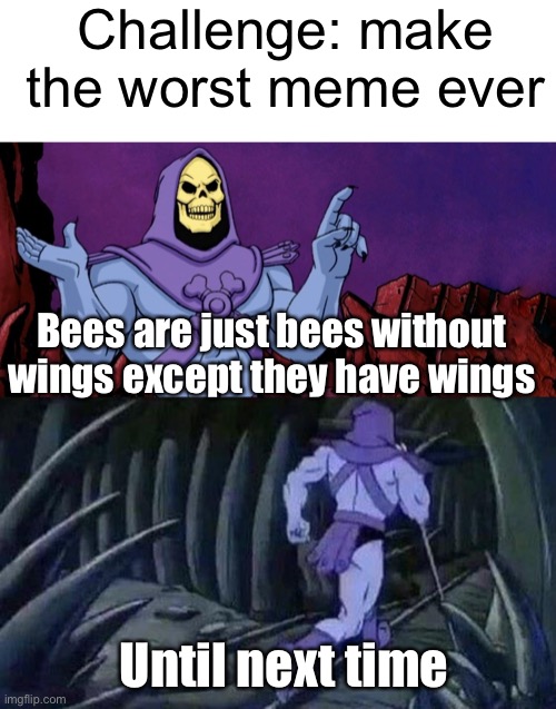 Meme #1,270 | Challenge: make the worst meme ever; Bees are just bees without wings except they have wings; Until next time | image tagged in he man skeleton advices,memes,bad meme,bees,facts,funny | made w/ Imgflip meme maker