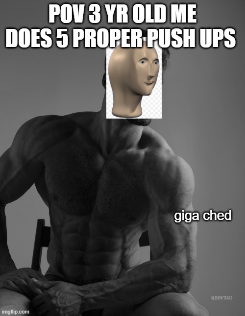 Giga Chad | POV 3 YR OLD ME DOES 5 PROPER PUSH UPS; giga ched | image tagged in giga chad,memes,stop reading the tags | made w/ Imgflip meme maker