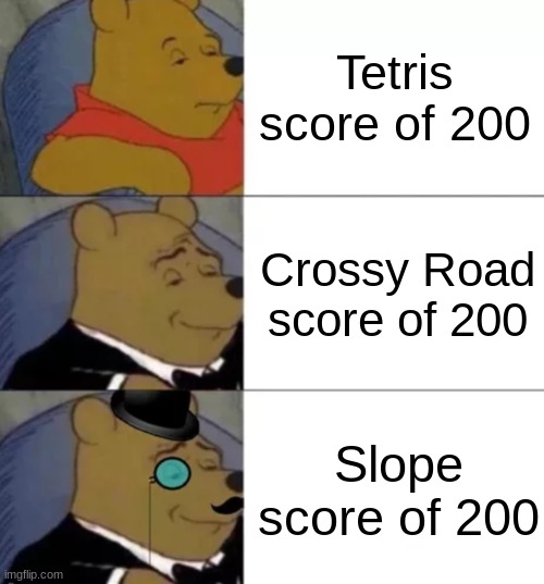 Fancy pooh | Tetris score of 200; Crossy Road score of 200; Slope score of 200 | image tagged in fancy pooh | made w/ Imgflip meme maker