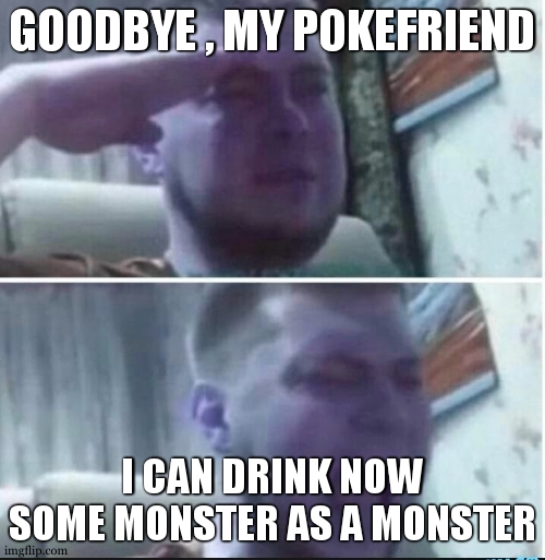Crying salute | GOODBYE , MY POKEFRIEND I CAN DRINK NOW SOME MONSTER AS A MONSTER | image tagged in crying salute | made w/ Imgflip meme maker