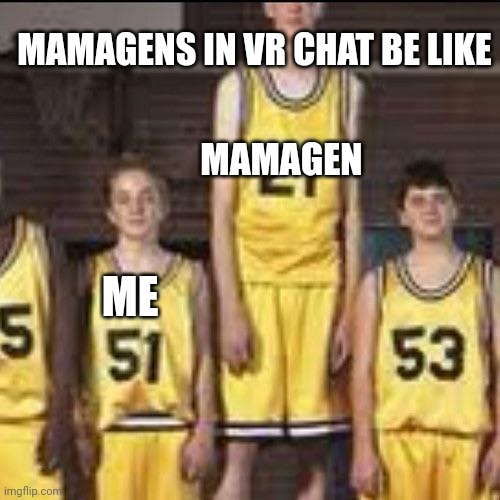 Abnormally tall basketball player | MAMAGENS IN VR CHAT BE LIKE; MAMAGEN; ME | image tagged in abnormally tall basketball player | made w/ Imgflip meme maker