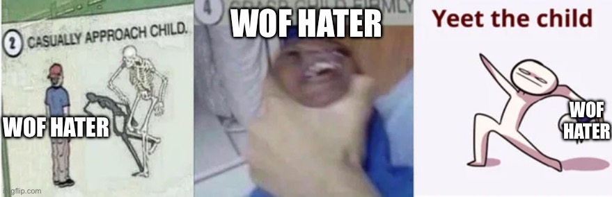 Wof hater | WOF HATER; WOF HATER; WOF HATER | image tagged in casually approach child grasp child firmly yeet the child | made w/ Imgflip meme maker