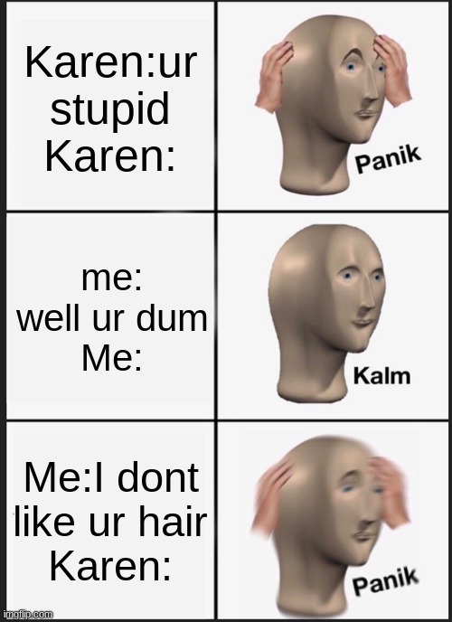 Panik Kalm Panik Meme | Karen:ur stupid
Karen:; me: well ur dum
Me:; Me:I dont like ur hair
Karen: | image tagged in memes,panik kalm panik | made w/ Imgflip meme maker