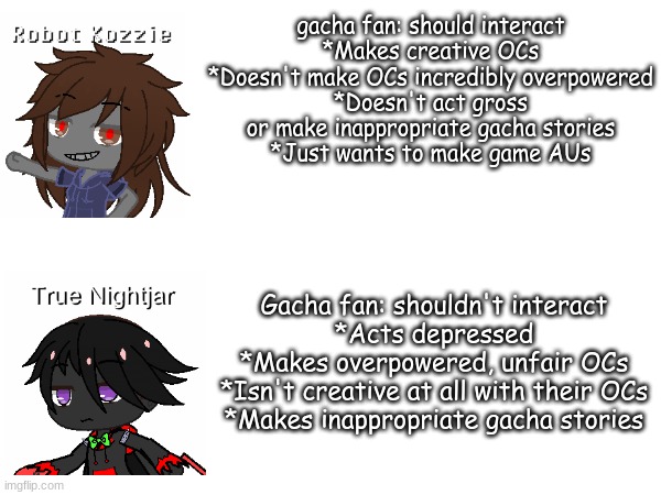 Yes, both of these are my OCs, except one is older than the other | gacha fan: should interact
*Makes creative OCs
*Doesn't make OCs incredibly overpowered
*Doesn't act gross or make inappropriate gacha stories
*Just wants to make game AUs; Gacha fan: shouldn't interact
*Acts depressed
*Makes overpowered, unfair OCs
*Isn't creative at all with their OCs
*Makes inappropriate gacha stories | image tagged in memes,gacha,gacha club | made w/ Imgflip meme maker