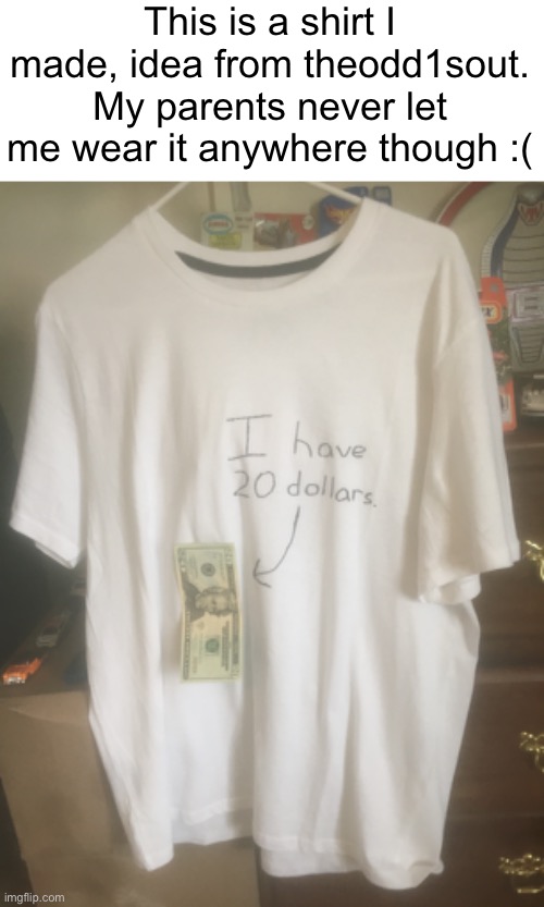 #1,276 | This is a shirt I made, idea from theodd1sout. My parents never let me wear it anywhere though :( | image tagged in shirt,theodd1sout,money,dollars,parents,sad | made w/ Imgflip meme maker