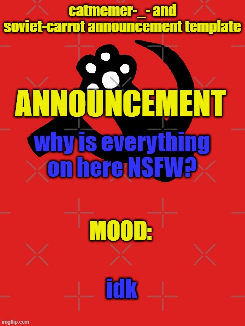 catmemer-_- and soviet-carrot announcement template | why is everything on here NSFW? idk | image tagged in catmemer-_- and soviet-carrot announcement template | made w/ Imgflip meme maker