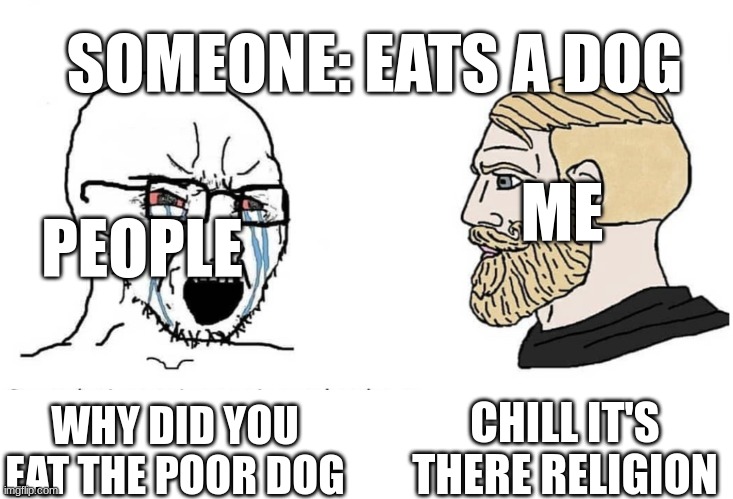 Like chill people it's like their religion | SOMEONE: EATS A DOG; ME; PEOPLE; CHILL IT'S THERE RELIGION; WHY DID YOU EAT THE POOR DOG | image tagged in soyboy vs yes chad | made w/ Imgflip meme maker