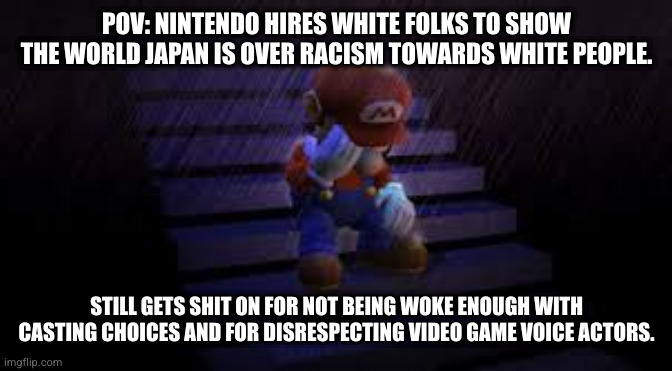 sad Mario noises | POV: NINTENDO HIRES WHITE FOLKS TO SHOW THE WORLD JAPAN IS OVER RACISM TOWARDS WHITE PEOPLE. STILL GETS SHIT ON FOR NOT BEING WOKE ENOUGH WITH CASTING CHOICES AND FOR DISRESPECTING VIDEO GAME VOICE ACTORS. | image tagged in sad mario | made w/ Imgflip meme maker