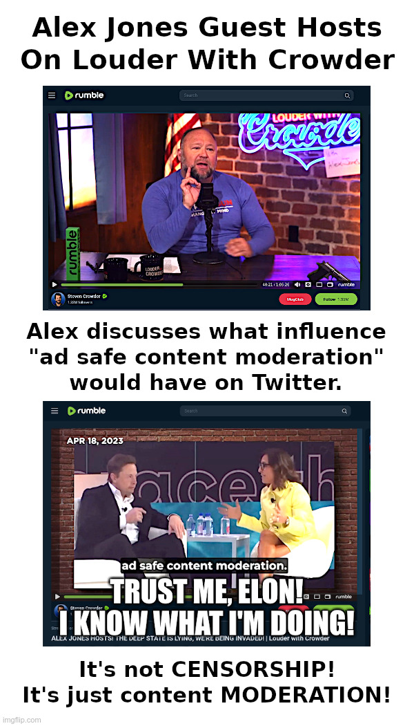 Alex Jones Guest Hosts On Louder With Crowder | image tagged in alex jones,louder with crowder,steven crowder,twitter,elon musk,censorship | made w/ Imgflip meme maker