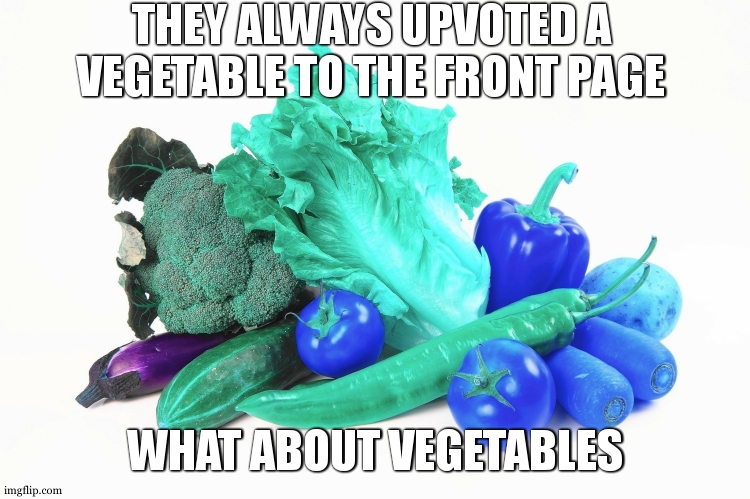 troll | THEY ALWAYS UPVOTED A VEGETABLE TO THE FRONT PAGE; WHAT ABOUT VEGETABLES | image tagged in vegetable | made w/ Imgflip meme maker