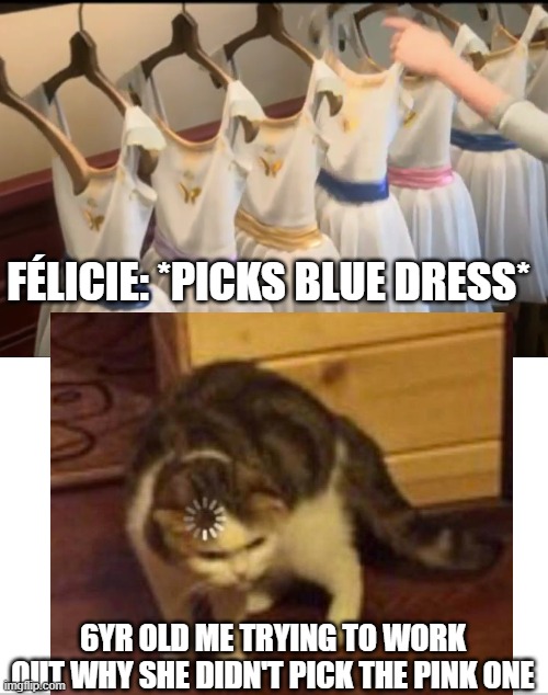 FÉLICIE: *PICKS BLUE DRESS*; 6YR OLD ME TRYING TO WORK OUT WHY SHE DIDN'T PICK THE PINK ONE | image tagged in funny | made w/ Imgflip meme maker