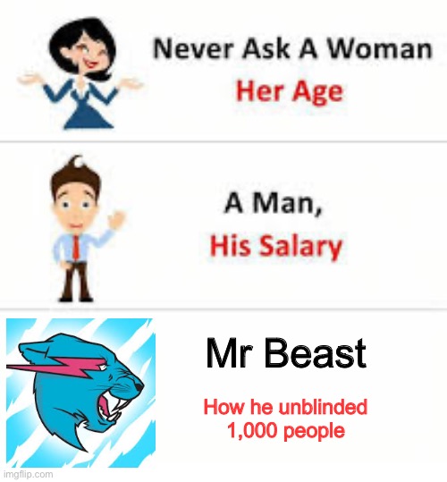 Never ask a woman her age | Mr Beast; How he unblinded 1,000 people | image tagged in never ask a woman her age,mr beast,memes | made w/ Imgflip meme maker