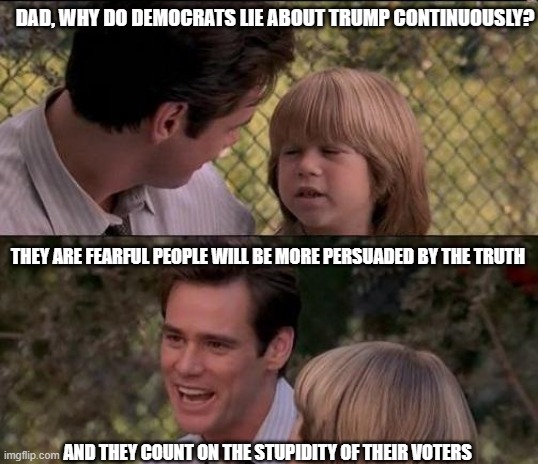 Democratic "truth" | DAD, WHY DO DEMOCRATS LIE ABOUT TRUMP CONTINUOUSLY? THEY ARE FEARFUL PEOPLE WILL BE MORE PERSUADED BY THE TRUTH; AND THEY COUNT ON THE STUPIDITY OF THEIR VOTERS | image tagged in democrats,liberals,leftists,biased media,lies,fbi | made w/ Imgflip meme maker