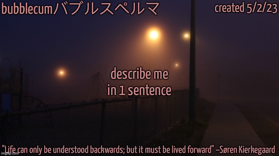 bubblec night template | describe me in 1 sentence | image tagged in bubblec night template | made w/ Imgflip meme maker