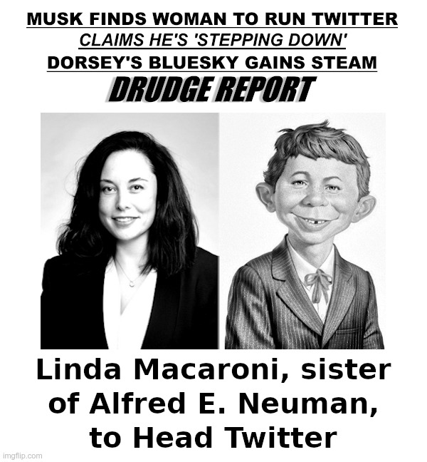 Linda Macaroni, sister of Alfred E. Neuman, to Head Twitter | image tagged in elon musk,twitter,linda yaccarino,alfred e neuman,drudge report | made w/ Imgflip meme maker