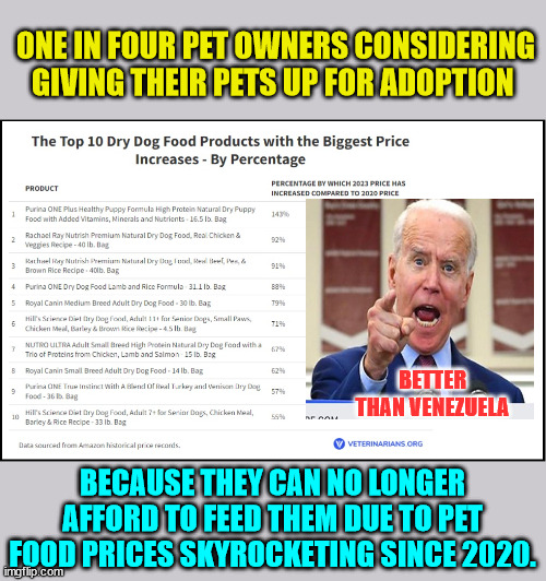 By the time Joey gets done it will be worse than Venezuela... | ONE IN FOUR PET OWNERS CONSIDERING GIVING THEIR PETS UP FOR ADOPTION; BETTER THAN VENEZUELA; BECAUSE THEY CAN NO LONGER AFFORD TO FEED THEM DUE TO PET FOOD PRICES SKYROCKETING SINCE 2020. | image tagged in biden,inflation,pet,haters | made w/ Imgflip meme maker
