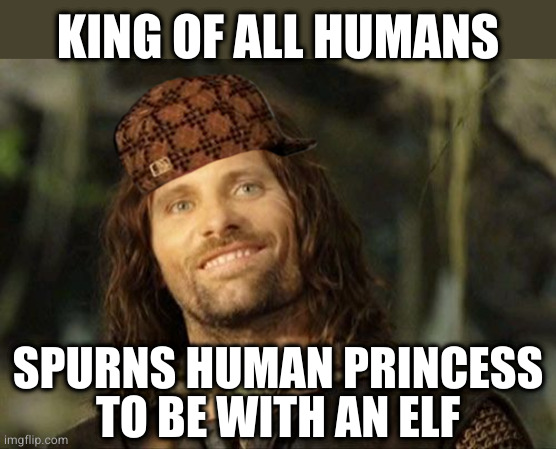 Da fuq dude | KING OF ALL HUMANS; SPURNS HUMAN PRINCESS
TO BE WITH AN ELF | image tagged in aragorn | made w/ Imgflip meme maker