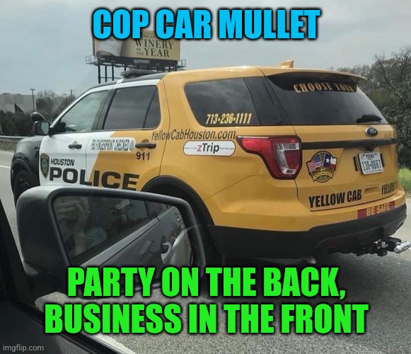 They're getting sneakier | COP CAR MULLET; PARTY ON THE BACK, BUSINESS IN THE FRONT | image tagged in sneaky,cops,taxi,cop,speeder beware | made w/ Imgflip meme maker