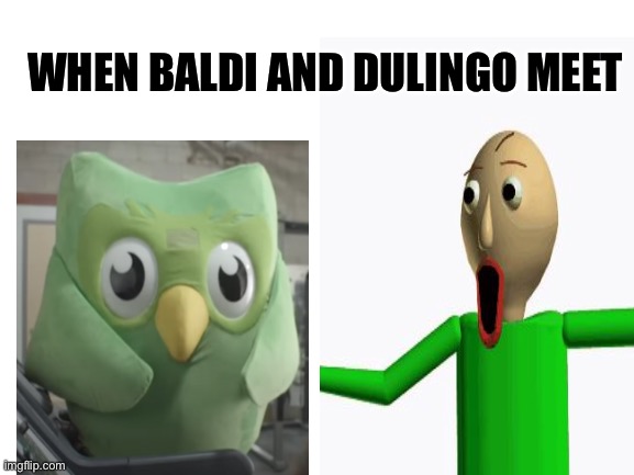 When dulingo and baldi meet | WHEN BALDI AND DULINGO MEET | image tagged in duolingo,baldi | made w/ Imgflip meme maker