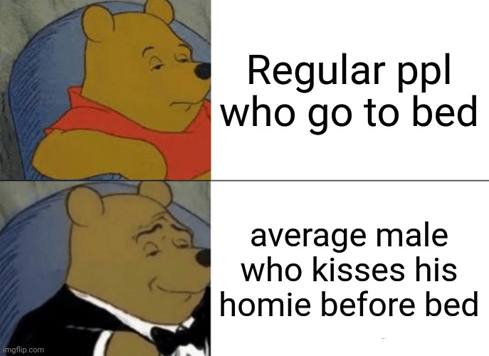 Tuxedo Winnie The Pooh | Regular ppl who go to bed; average male who kisses his homie before bed | image tagged in memes,tuxedo winnie the pooh | made w/ Imgflip meme maker