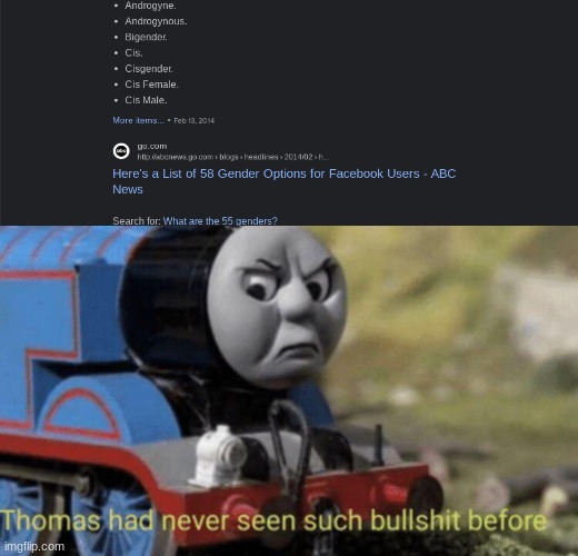 THERES ONLY 2 GENDERS! | image tagged in thomas had never seen such bullshit before,offensive | made w/ Imgflip meme maker