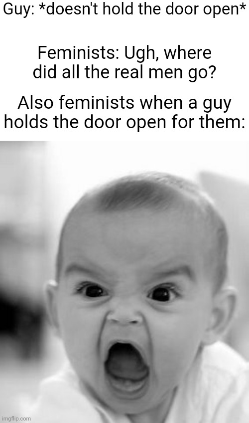 It's true! | Guy: *doesn't hold the door open*; Feminists: Ugh, where did all the real men go? Also feminists when a guy holds the door open for them: | image tagged in memes,angry baby | made w/ Imgflip meme maker