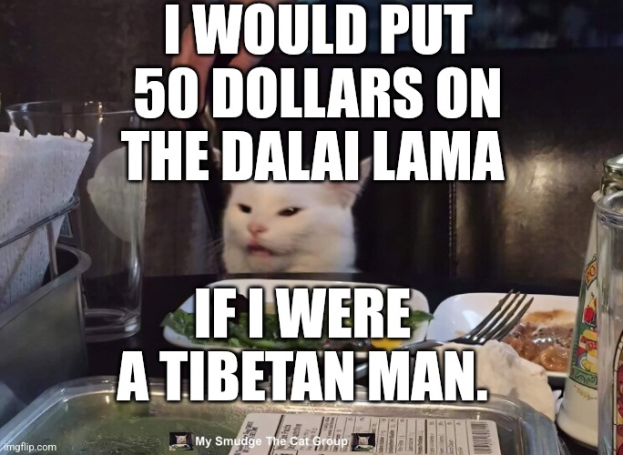 I WOULD PUT 50 DOLLARS ON THE DALAI LAMA; IF I WERE A TIBETAN MAN. | image tagged in smudge the cat | made w/ Imgflip meme maker