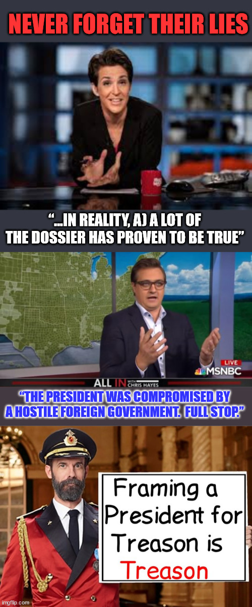 Either they knew or they are too dumb to not know they were being used... | NEVER FORGET THEIR LIES; “…IN REALITY, A) A LOT OF THE DOSSIER HAS PROVEN TO BE TRUE”; “THE PRESIDENT WAS COMPROMISED BY A HOSTILE FOREIGN GOVERNMENT.  FULL STOP.” | image tagged in rachel maddow,chris hayes,liberal,mainstream media,guilty | made w/ Imgflip meme maker