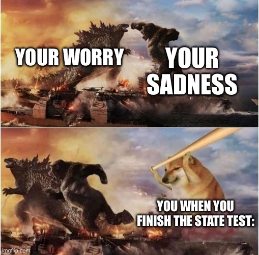 The state test be like: | YOUR SADNESS; YOUR WORRY; YOU WHEN YOU FINISH THE STATE TEST: | image tagged in kong godzilla doge | made w/ Imgflip meme maker