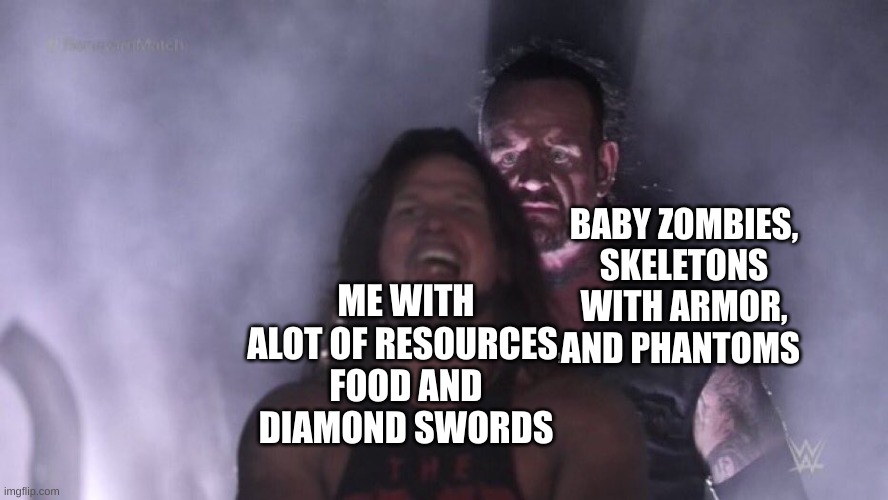 AJ Styles & Undertaker | BABY ZOMBIES, SKELETONS WITH ARMOR, AND PHANTOMS; ME WITH ALOT OF RESOURCES, FOOD AND DIAMOND SWORDS | image tagged in aj styles undertaker | made w/ Imgflip meme maker