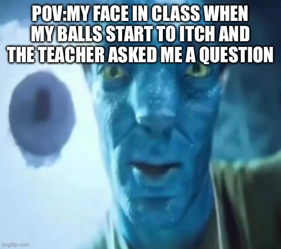 Has this ever happened to you? | POV:MY FACE IN CLASS WHEN MY BALLS START TO ITCH AND THE TEACHER ASKED ME A QUESTION | image tagged in avatar guy | made w/ Imgflip meme maker