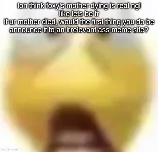 Shocked | Ion think foxy's mother dying is real ngl
like lets be fr
if ur mother died, would the first thing you do be announce it to an irrelevant ass meme site? | image tagged in shocked | made w/ Imgflip meme maker
