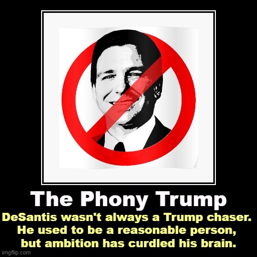 The Phony Trump | DeSantis wasn't always a Trump chaser. 
He used to be a reasonable person, 
but ambition has curdled his brain. | image tagged in funny,demotivationals,ron desantis,phony,disney,republicans | made w/ Imgflip demotivational maker