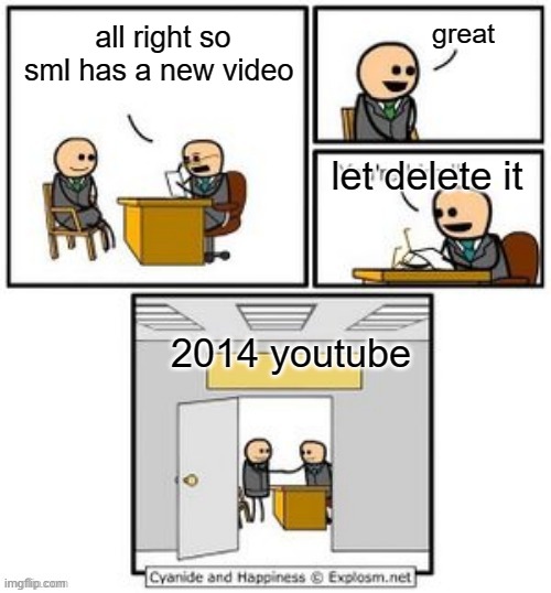 Your hired | great; all right so sml has a new video; let delete it; 2014 youtube | image tagged in youtube 2014 | made w/ Imgflip meme maker